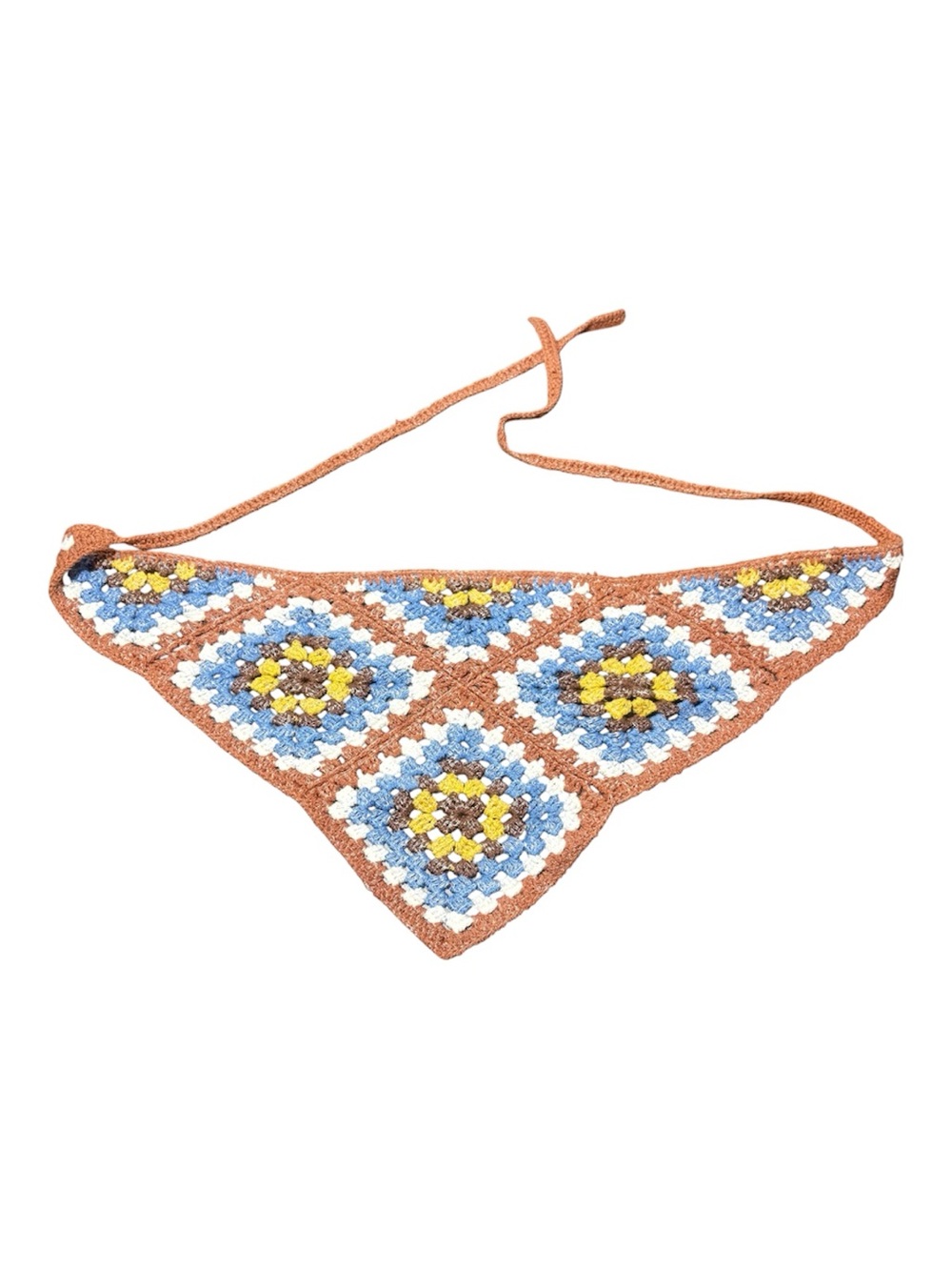 Crochet Triangle Bandana Scarf in Blue, Yellow & Brown - Picture 2 of 4
